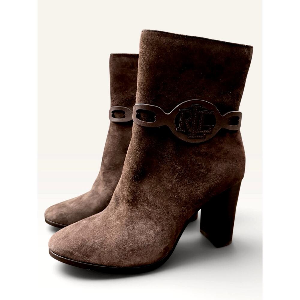 Lauren Ralph Lauren Abigael Brown Suede Leather Ankle Booties Block Heel Size 7